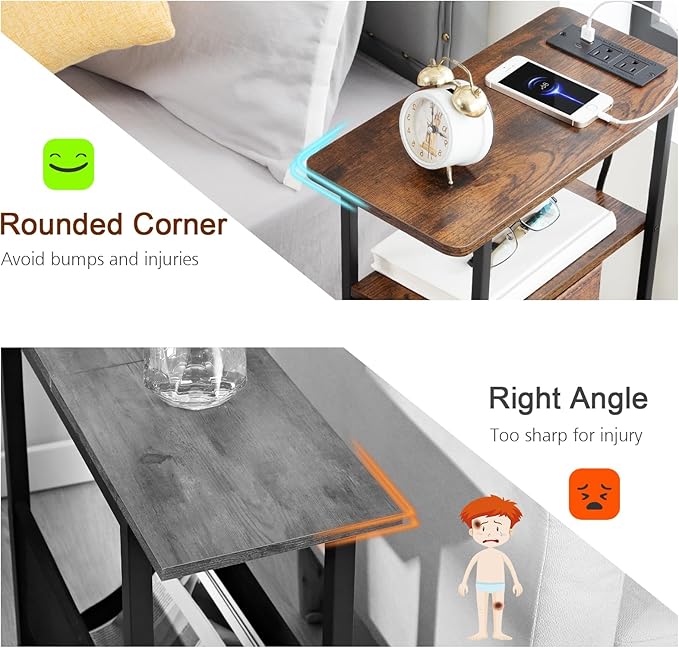Narrow End Table Living Room with Charging Station, Skinny Side Table with Fabric Drawers, Slim Nightstand for Bedroom, Small Spaces, Couch, Rustic Brown, HETNDP02PBR-1