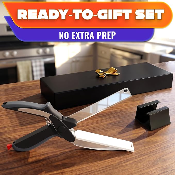 2 in 1 Kitchen Scissors for Food – Stainless Steel 9.5" Tomato Knife Chops Vegetables, Fruit, Cheese, Meat in Seconds | Dishwasher Safe Cutting Board Scissors with Safety Lock – Kitchen Gift for Dad
