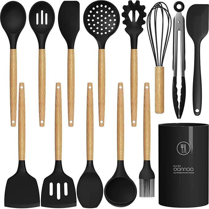 oannao Silicone Cooking Utensils Set Utensil Sets - 446°F Heat Resistant Silicone Kitchen Utensils Set Wooden Handles, Silicone Utensils for Cooking w Holder for Non-Stick Cookware BPA FREE (Black)