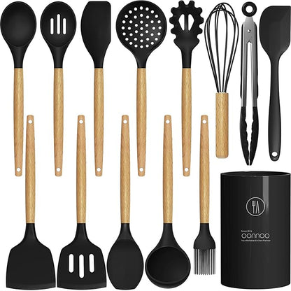 oannao Silicone Cooking Utensils Set Utensil Sets - 446°F Heat Resistant Silicone Kitchen Utensils Set Wooden Handles, Silicone Utensils for Cooking w Holder for Non-Stick Cookware BPA FREE (Black)