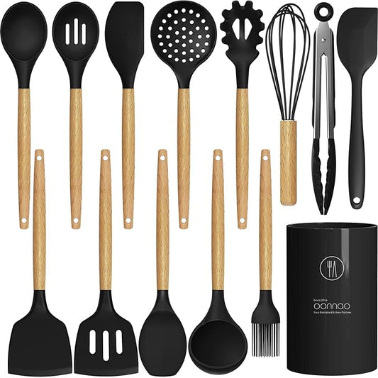 oannao Silicone Cooking Utensils Set Utensil Sets - 446°F Heat Resistant Silicone Kitchen Utensils Set Wooden Handles, Silicone Utensils for Cooking w Holder for Non-Stick Cookware BPA FREE (Black)