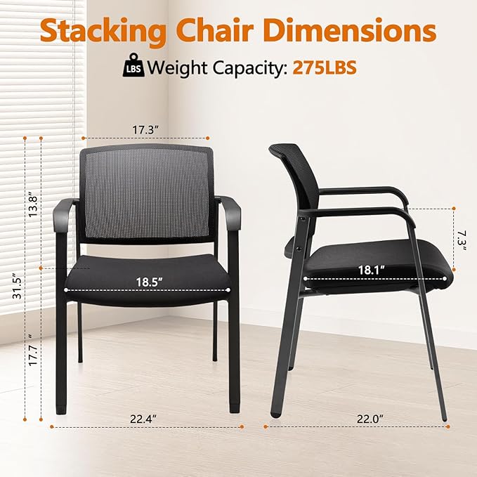 CLATINA Mesh Back Stacking Arm Chairs with Upholstered Fabric Seat and Ergonomic Lumber Support for Office School Church Guest Reception Black 4 Pack Set New Version
