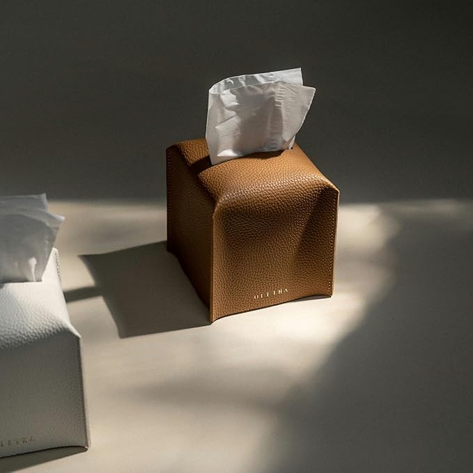 OLETHA Square Tissue Box Cover - Aesthetic Desk Decor for Room, Home & Office - Tissues Cube Boxes Holder - Pale Brown