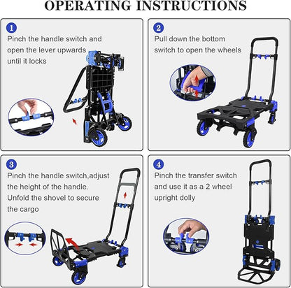 Oyoest 2 in 1 Folding Hand Truck with Folding Basket,Heavy Duty Hand Truck Dolly 330lbs Capacity with Telescoping Handle and Rubber Wheels,Portable Dolly Cart with Bungee Cords for Moving