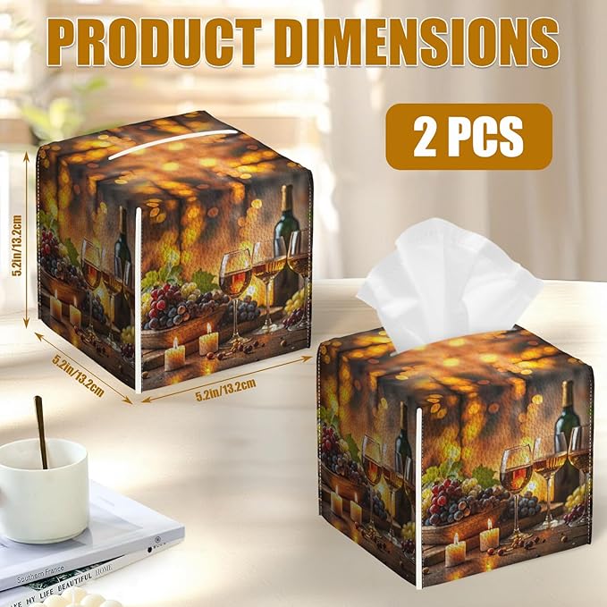 Vintage Wine Glass Tissue Box Cover 2PCS, Leather Tissue Box Holder Square Facial Paper Case Tissue Box Cube Organizer for Bathroom Bedroom Desk Office