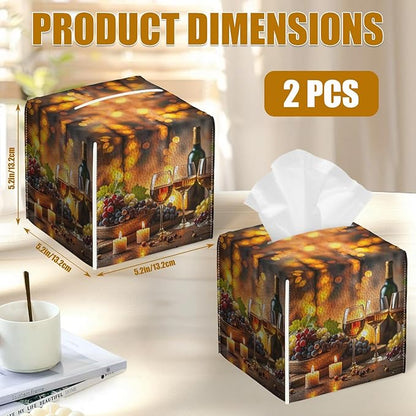 Vintage Wine Glass Tissue Box Cover 2PCS, Leather Tissue Box Holder Square Facial Paper Case Tissue Box Cube Organizer for Bathroom Bedroom Desk Office