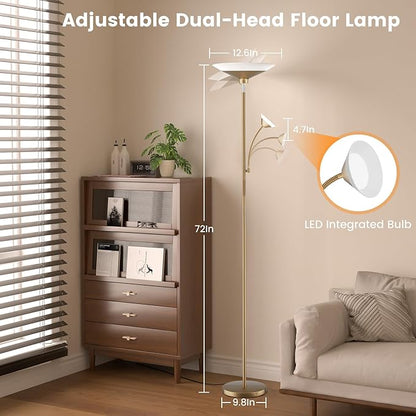 Gold Torchiere Floor Lamp - 2 Way LED Standing Lamp with Reading Light, Dimmable 72'' Tall Lamp with Remote Color Changing, 34W Mordern Uplighter for Living Room Bedroom Office