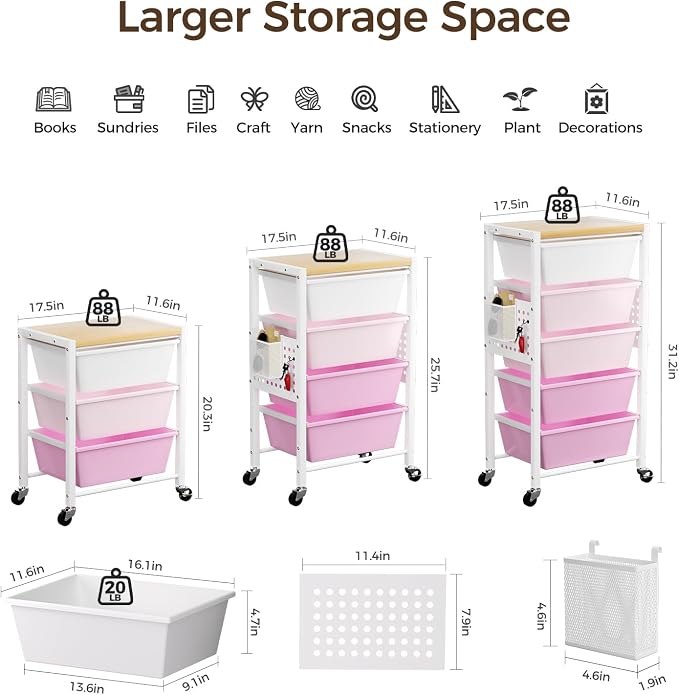 Rolling Cart with 5 Drawers, Plastic Drawer Storage Carts with Wheels & Wooden Tabletop, Metal Utility Cart with Pegboards, Office Living Room Classroom Craft Organization and Storage, Bright Pink