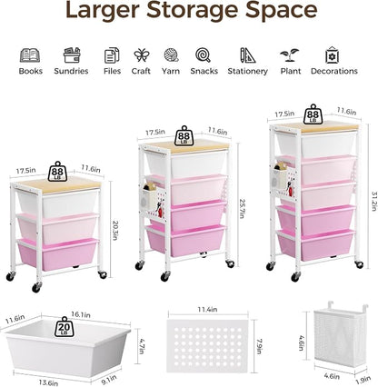 Rolling Cart with 3 Drawers, Plastic Drawer Storage Carts with Lockable Wheels & Wooden Tabletop, Metal Utility Cart Organizer, Office Bedroom Classroom Craft Organization and Storage, Bright Pink