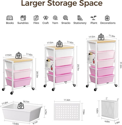 Rolling Cart with 4 Drawers, Plastic Drawer Storage Carts with Wheels & Wooden Tabletop, Metal Utility Cart with Pegboards, Office Living Room Classroom Craft Organization and Storage, Bright Pink