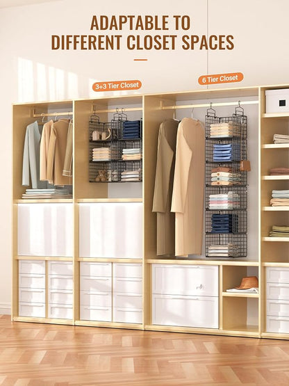6 Tier Closet Hanging Organizer, Metal Closet Organizers and Storage with 4 Hanging Hooks 4 S-Hooks for Wardrobe Laundry Room, Wire Storage Shelf for Clothes Sweaters Pants (Black)