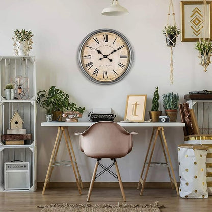 Bernhard Products Large Decorative Wall Clock 20 Inch Silent Non Ticking Battery Operated Quartz Vintage Stylish with Rustic Silver Rim for Home Living Room Dining Room Kitchen & Over Fireplace