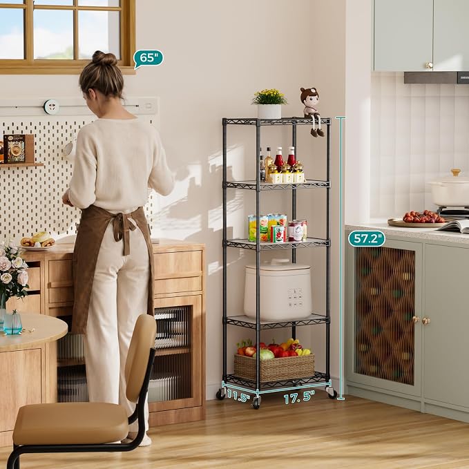 SINGAYE 5 Small Shelf Storage Wire Shelves Closet Bathroom Organizers Metal Pantry Kitchen Garage Shelving Unit Laundry Room Organization Home Narrow Rack Net Basket with Wheels Black