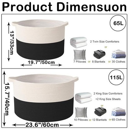115L Extra Large Blanket Basket,Woven Rope Laundry Basket Hamper with Handles, Decorative Nursery Basket Storage Bin for Toys, Clothes Organizer, Living Room, Bedroom, Bathroom, White&Black