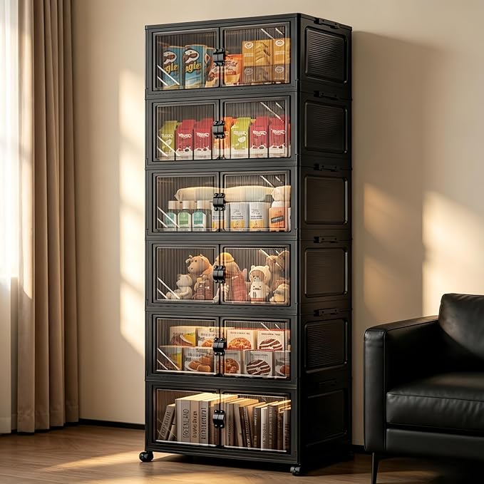 6-Tier Foldable Storage Cabinet with Wheels & Lid, 291QT Extra Large Stackable Organizer, No Tool Required, Storage Cabinet for Garage, Home Office, Pantry, Kitchen, Dorm