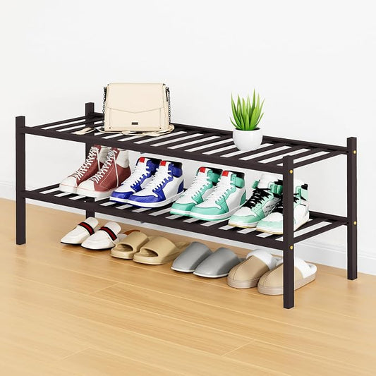 Smiry Long Bamboo Shoe Rack, 2 Tier Free Standing Wooden Shoe Organizer, Stackable Wood Shoe Storage Shelf for Closet, Entryway, 12 Vertical Slats, One-piece Standard Legs, 33.7"x11"x13", Brown