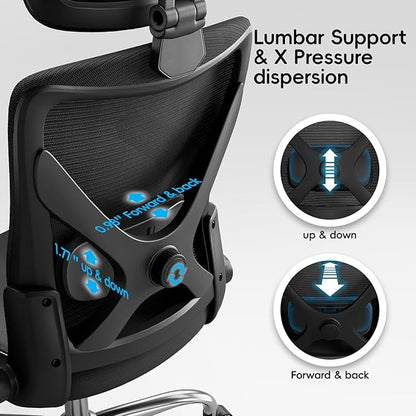 Ergonomic Office Chair-Computer X-Shaped Chair Mesh PU Leather with Adjustable Lumbar Support-Executive Desk Chair High Back with Headrest Flip-Up Arms for Long Hours (Black)