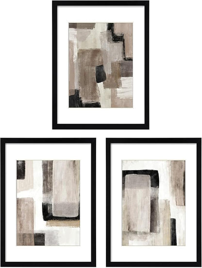 ArtbyHannah 11x14 Inch Black Framed Abstract Wall Art Set of 3 with Brown Black Tan Blocks for Wall Decor, Extra Art Prints of Botanical Included