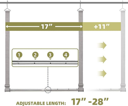 Hanging Closet Rod, 17-28In Width and Up to 32In Height Closet Extender, Double Hanging Bar with Powder-Coated Metal Pole and Adjustable Webbing, Space-Saving Tension Organizer, 1 Pack