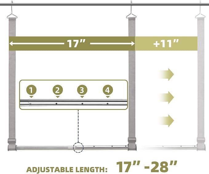 Hanging Closet Rod, 17-28In Width and Up to 32In Height Closet Extender, Double Hanging Bar with Powder-Coated Metal Pole and Adjustable Webbing, Space-Saving Tension Organizer, 2 Pack