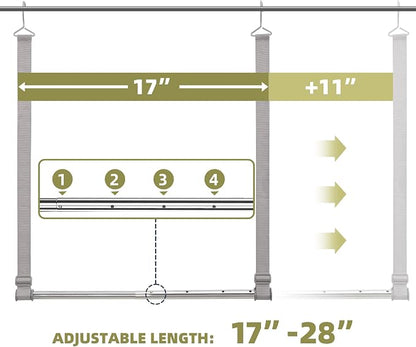 Hanging Closet Rod, 17-28In Width and Up to 32In Height Closet Extender, Double Hanging Bar with Powder-Coated Metal Pole and Adjustable Webbing, Space-Saving Tension Organizer, 2 Pack