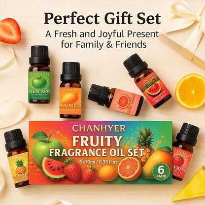 Fruity Essential Oils Set-6x10ml-Green Apple,Watermelon,Strawberry,Pineapple,Blood Orange,Mango,Sweet Aromatherapy Oils for Diffuser,Humidifier,Candle&Soap Making