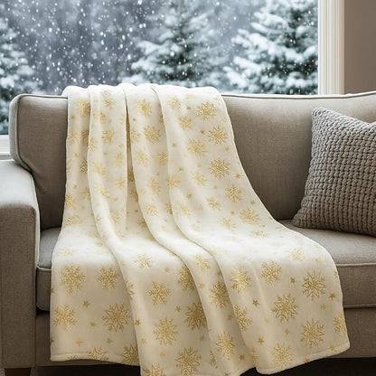 Winter Holiday Christmas Fleece Throw Blanket: Velvety Soft, Gold Snowflakes Stars Design, Durable Accent for Bed or Couch, Oversized 50 x 70 inches