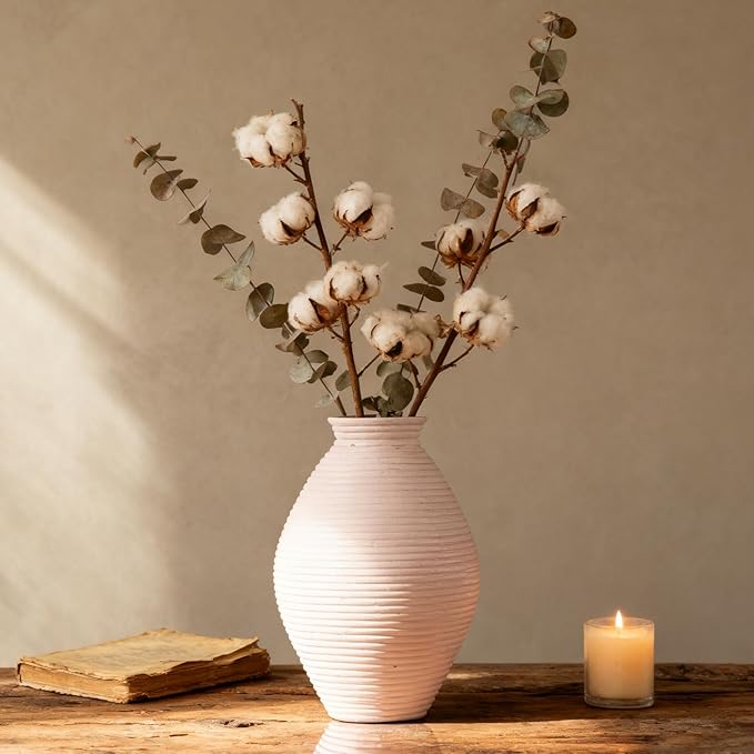 White Rustic Vase – 8.6" Farmhouse Vase for Table Centerpiece, Resin Vintage Vases for Pampas Grass, Farmhouse Decor for Dining Table, Entryway, Mantel or Living Room Shelf