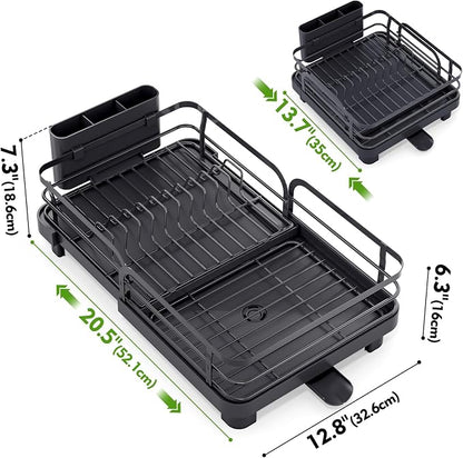 TOOLF Dish Drying Rack, Expandable Dish Racks for Kitchen Counter, Stainless Steel Dish Drainer with Drainboard Set & Cutlery Holder, Rust-Proof, 13.7“-20.5”L x 12.8“W, Black