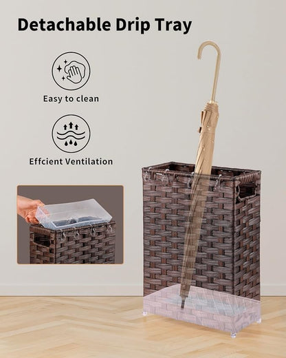 Rattan Umbrella Stand, Umbrella Holder for Entryway, Hand Woven Umbrella Rack Organizer Freestanding, with a Detachable Drip Tray, 4 Hooks, 11.8" L x 5.5" W x 16.5" H