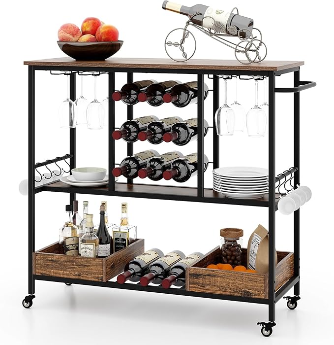 Giantex Bar Cart, 3 Tier Home Serving Cart on Wheels with Handle, Glass Racks, Wine Holders, Hooks & Storage Boxes, Industrial Rolling Beverage Cart for Kitchen, Dining Room, Living Room, Rustic Brown