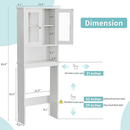 Shintenchi Over the Toilet Storage Cabinet, Bathroom Shelf Organizer with Anti-Tip Device Small Freestanding Space Saver with Adjustable Shelf and Glass Door, White