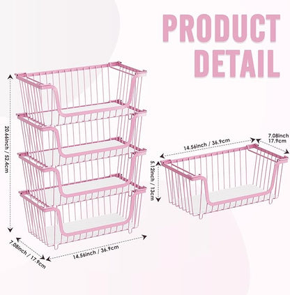 GAOKASE 4 Pcs Stackable Wire Baskets for Pantry Organizers and Storage,Vegetable Fruit Basket for Countertop,Kitchen Storage Metal Baskets,Produce Potato Onion Storage Bin,pink