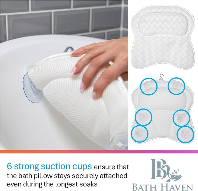 Bath Pillow Bathtub Pillow Back Neck Support Pillow, Spa Cushion for Tub, Relaxing Headrest Bath Pillow, Portable Washable Bathtub Accessories with 3D Air Mesh Thick Soft Cushion (Bright White)