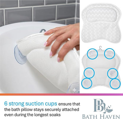 Bath Pillow Bathtub Pillow Back Neck Support Pillow, Spa Cushion for Tub, Relaxing Headrest Bath Pillow, Portable Washable Bathtub Accessories with 3D Air Mesh Thick Soft Cushion (Bright White)