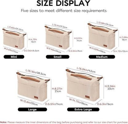 GIVLEFLY Purse Organizer with Zipper Protecting Privacy Small Multiple Pockets Tote Bag Organizer Inserts Lightweight Handbag Dividers with Handle,Fit for City 23 and Longchamp(Beige,Small)
