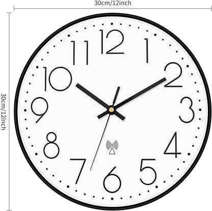 Foxtop Atomic Wall Clock Battery Operated Round Analog Modern Wall Clock Sets Automatically for Office Classroom Bedroom Kitchen Living Room (Black)
