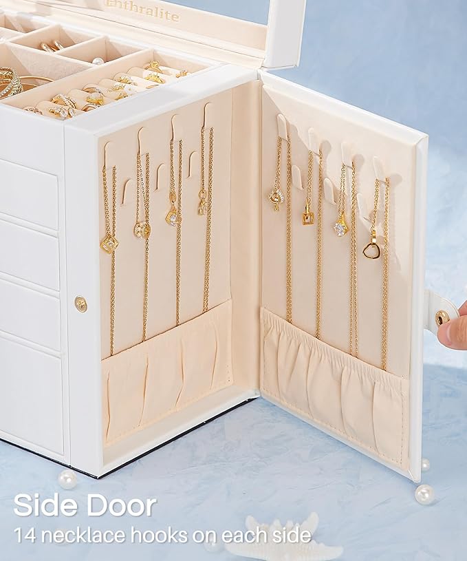 Jewelry Box with 4 Drawers: Display Organizer for Earrings Necklaces - Christmas Gifts for Girls Women (White)