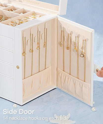 Jewelry Box with 4 Drawers: Display Organizer for Earrings Necklaces - Christmas Gifts for Girls Women (White)