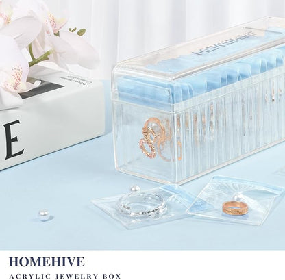 HOMEHIVE Acrylic Jewelry Box Organizer, Clear Jewelry Organizer Holder with 20 Portable Anti Tarnish Jewelry bags, Travel Jewelry Case for Earrings/Rings/Necklaces for Women Girls, Blue