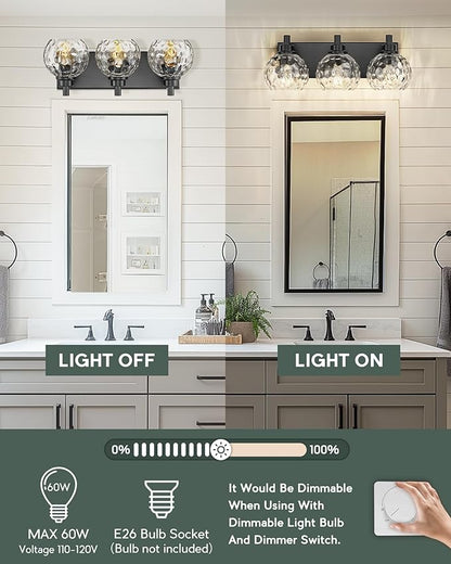 Bathroom Light Fixtures Over Mirror, 3-Light Matte Black Vanity Light with Clear Hammered Glass Globe Shade, Modern Sconces Wall Lighting for Bedroom Hallway, VL200-MB-3