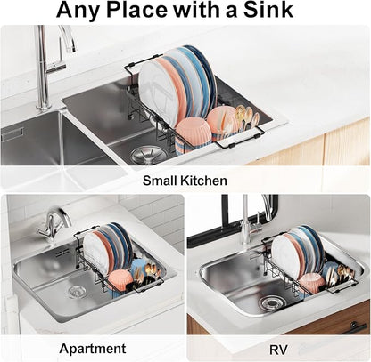 iSPECLE Small Sink Dish Drying Rack, Expandable Compact Rust Resistant Dish Drainer for RV Apartment Kitchen, Dish Rack with Tightening Knob, Arms with Non Slip Rubber, 9.1" W x 12.2"-17.3" L, Black