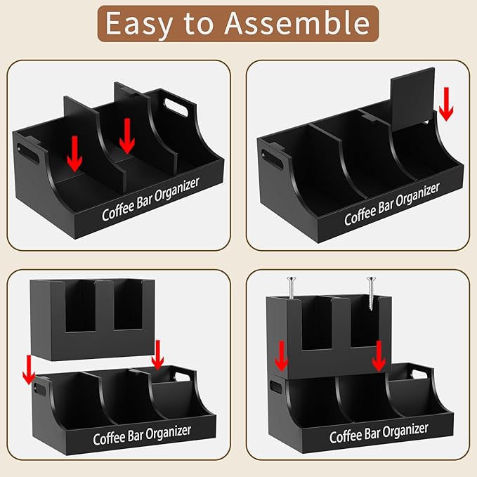 Coffee Station Organizer, Wooden Coffee Bar Organizer for Countertop, Condiment and Cup Storage Organizer, Bar Accessories for Kitchen, Office, Home, Small Black