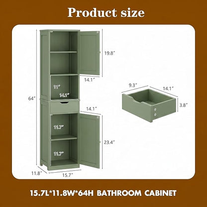 Walsunny Tall Bathroom Storage Cabinet with Freestanding Adjustable Shelves, Narrow Storage Linen Cabinet with 2 Doors and 1 Drawer for Bathroom, Living Room, Kitchen, Green