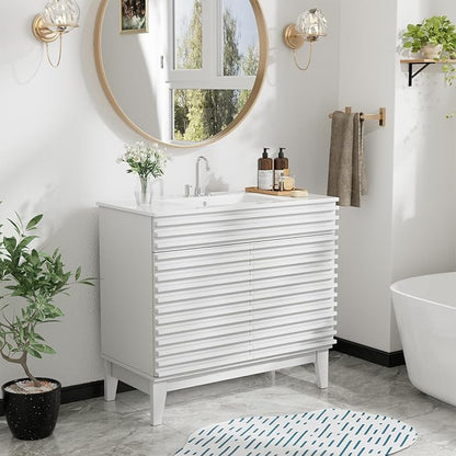 ROOMTEC 36" Bathroom Vanity with Sink, Mid-Century Freestanding Bathroom Vanity Sink with Storage, Undermount Ceramic Sink, Particleboard Frame with Wood Grain Laminate, White