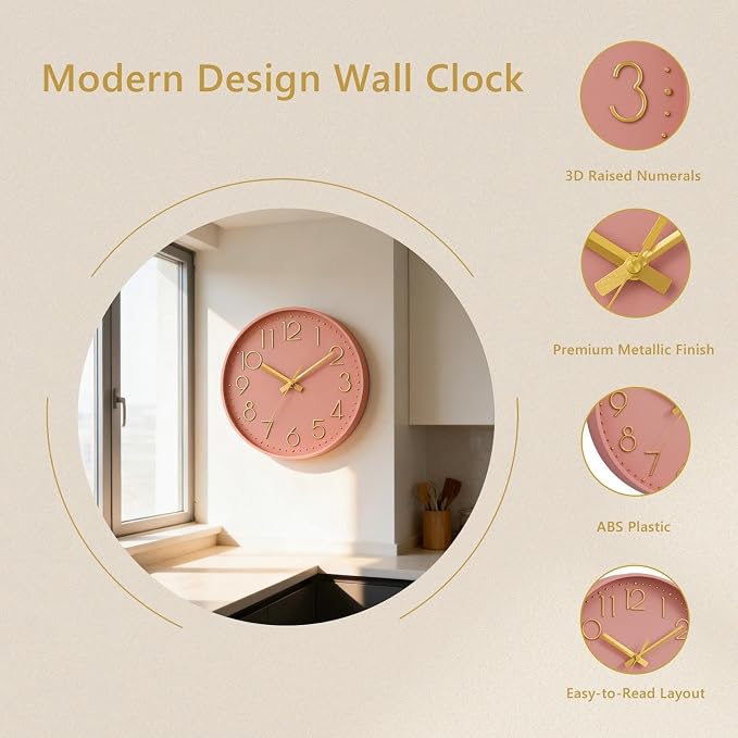 DAXSMY Wall Clock - 8 Inch Silent Non-Ticking Modern 3D Wall Clocks Battery Operated - Decorative Clock for Kitchen, Home Office, Bathroom, Bedroom(Pink)