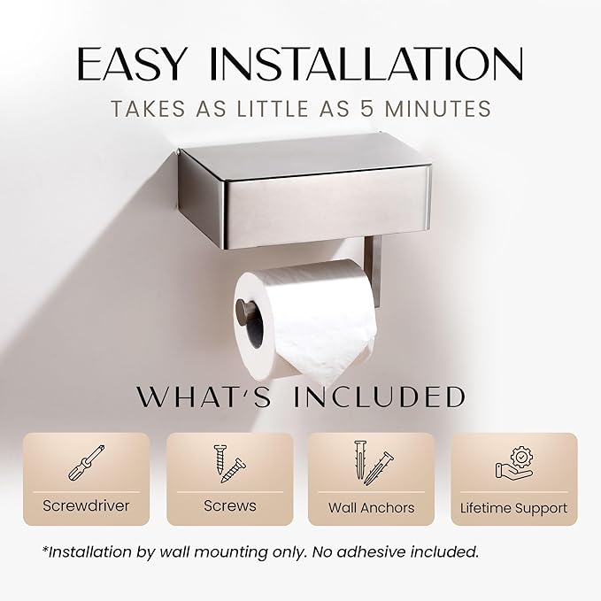 Day Moon™ - Toilet Paper Holder with Shelf - Modern Roll Holder for Bathroom - 1 Pack - Wall Mount - with Storage, Brushed Nickel