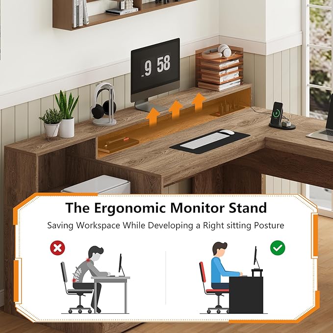 63" Farmhouse L Shaped Executive Desk with Drawers & Storage Shelf, Corner Rattan Computer Desk with Power Outlets, L Shaped Office Desk with Monitor Stand, Printer Shelf