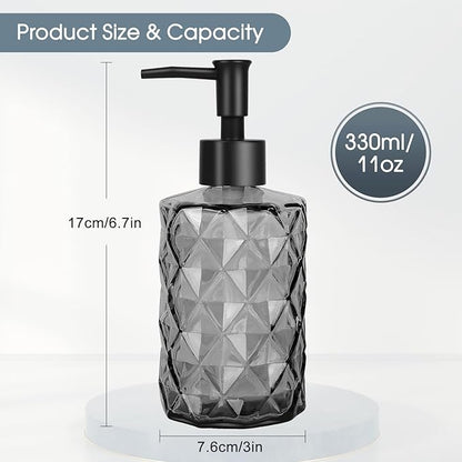 Topsky Glass Soap Dispenser with Plastic Pump, 330ml Liquid Hand Soap Dispenser, Rustproof Pump for Kitchen & Bathroom, Great for Lotions, Essential Oil, Liquid Soaps Clear Black