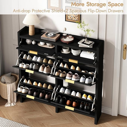 Large Rattan Shoe Storage Cabinet with 4 Flip Drawers & 2 Storage Drawers – Hidden Slim Shoe Organizer for Entryway, Large Tabletop Space, Farmhouse Boho Narrow Shoe Rack, Rustic Black